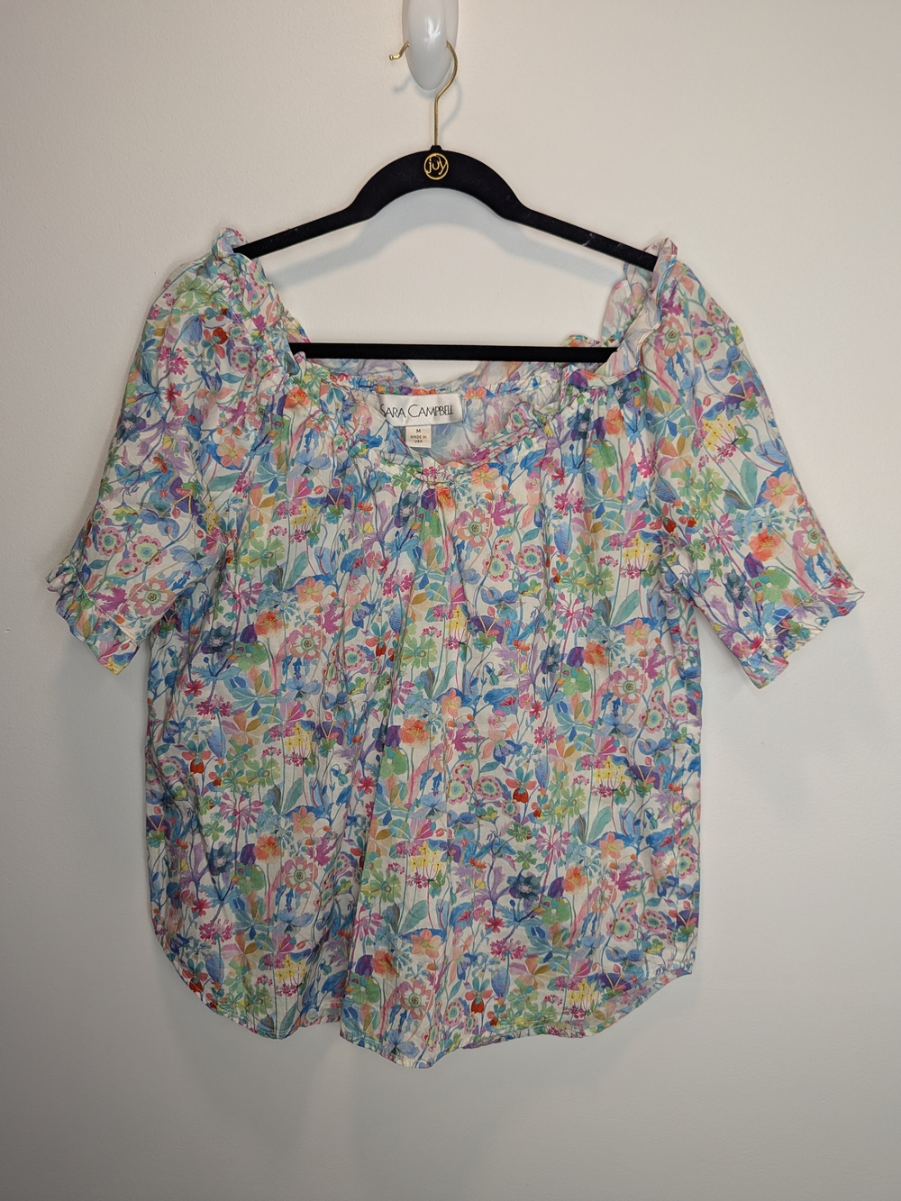 Sara Campbell Floral Off Shoulder Cotton Blouse Shirt Medium Cottagecore Whimsy